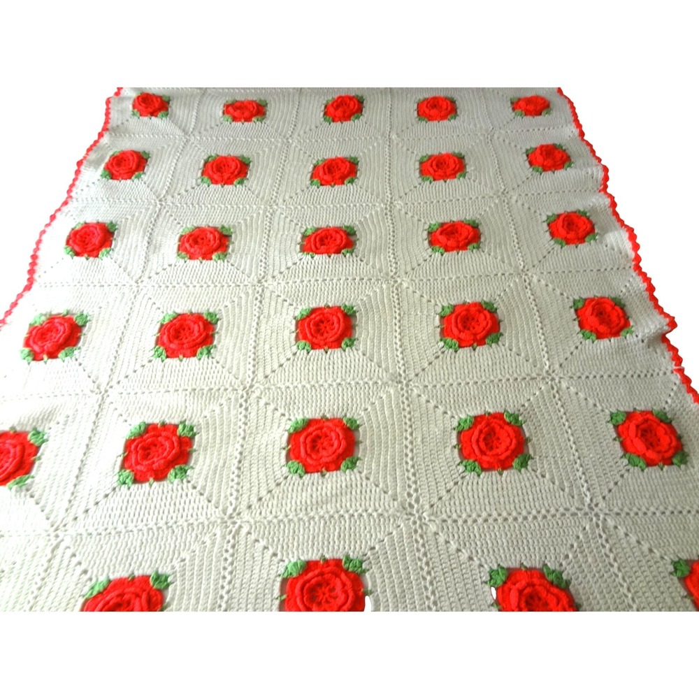 Handmade Crochet Afghan Blanket White Green Pink 3D Rose Floral